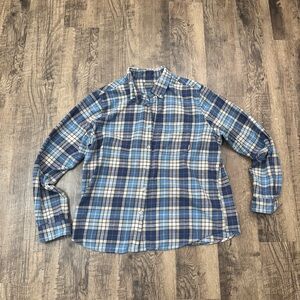 Eddie Bauer Navy and White Plaid Men's Shirt